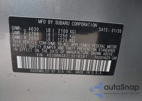 2020 Subaru Legacy Sport z USA, uszkodzony, nr VIN 4S3BWAG62L3018381